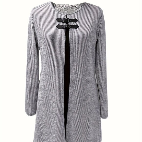 2/$40 Grey Ribbed Knit Attached Cardigan & Black Dress Set Sweater Buckle Detail - Picture 4 of 7